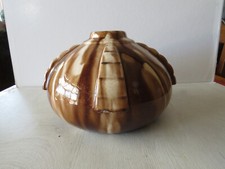 Vase Boule, Art Déco, Elgé, céramique vernissée ,couleur brune beige (274)