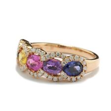 Bague Saphir Saphirs Colorés Couleurs Arc-En-Ciel Diamants Or Rose 750 Rose Bleu