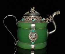 6" vieux argent incrustation vert agate dragon bête statue vin théière