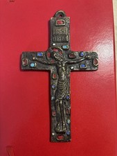 Belle Croix murale bronze émaillé 14 cm – Christ IHS Alpha Ω – style monastique