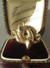 Bague ancienne deux serpents rubis saphir - Or massif 18 carats France XIXe T60