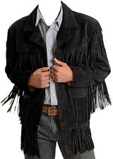 Manteau homme en cuir daim frangé noir cowboy veste rétro franges devant et...