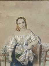 Tableau miniature portrait romantique jeune femme peinture XIXème romantisme