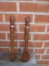 Vintage 14" Length Carved Wood Fork and Spoon Set Art Decor 