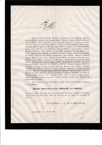 Faire part décès 1879 mme - de,