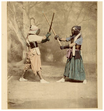 Japan, Kendo or Japanese Fencing vintage albumen print Tirage albuminé aquarel