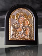 Icône Vierge Marie Bethléem 10,23 "Jésus Argent 950° Artisanat Bois Byzantin
