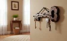 Grand Porte-Clés Mural Ancien en Bois Sculpté - Design Clé Rustique 3 Crochets