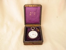 ANTIQUE FRENCH WOOD,MARQUETRY BRASS POCKET WATCH CASE + WATCH, 19th CENTURY.