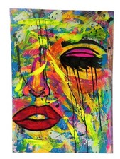 Tableau Abstrait  Coloré  Portrait visage Street Art Brut Naïf Femme Fait Main