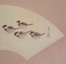 PINCEAU ROULEAU PEINTURE JAPONAISE JAPON VIEUX MOINEAU OISEAU f451