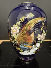 Vase Porcelaine  Bleu De Sevres Décor Japonisant Signé Fratelli Gialletti FG