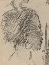 Tableau ancien esquisses portraits orientalistes Malgache intérieur de maison