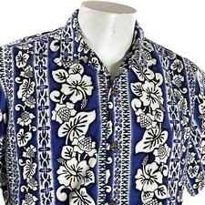 Hilo Hattie Chemise Hawaïenne M Floral Hibiscus Fleurs Tribal Rayures Bleu