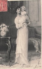 CP ILLUSTREE NOIR BLANC CADRE MAMAN ELEGANTE AVEC BEBE FILLE - 64212