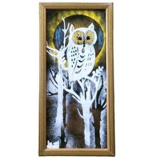 Chouette en Émaux sur Cuivre Plaque Murale Encadrée Vintage Signée 30,4 cm