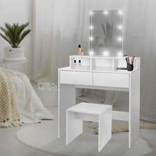Table de maquillage en MDF blanc commode de coiffeuse avec miroir LED + tabouret