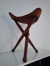  tabouret Ancien Vintage tripode pliant, bois de chêne et cuir Trépied Triangle