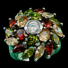 Bague Femme Fleur En Argent 925 Concentrique Multicolore Rouge Vert Jaune.