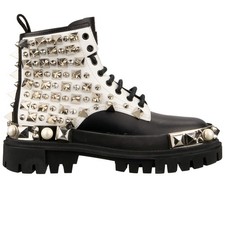 DOLCE & GABBANA Bottes Biker À Clous Et Perles Logo Noir Et Blanc 43 UK 9 US 10