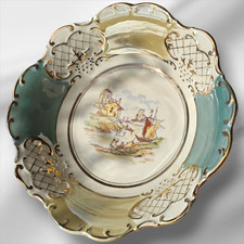 Vintage Bavarian Porcelain Large Centerpiece Bowl Green Gold  9" x 3"