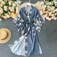 UK Femme Japonais Long Peignoir Satin Kimono Manteau Floral Yukata Haut Rétro