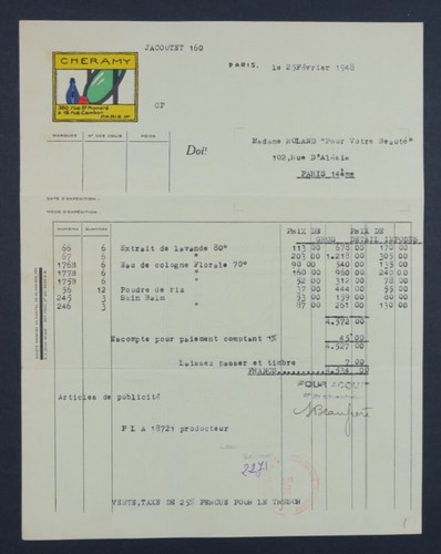 Facture 1948 parfumerie - ,