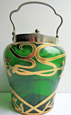 Seau à biscuits Art Nouveau, pot verre vert émaillé Legras, Lignes et Fleurs Or