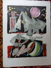 CLAUDE VENARD lithographie années 60 NU  AU BALLON sur la plage aux voiliers