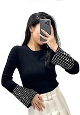 Pull Élégant Pour Femme, Manches Longues, Col Rond, Avec Paillettes 3265