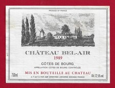 89/82 Etiquette BORDEAUX Côtes de BOURG 1989 Château BEL AIR mis  Château