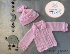 Ensemble cardigan et chapeau tricoté main bébé fille neuf en rose, nouveau-né