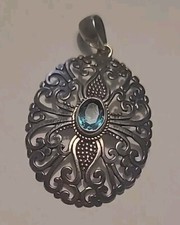 Ancien Pendentif Argent Massif En Filigrane - Aigue Marine Bleu # AJ0