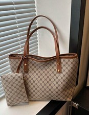 2X Sac Cabas Marron Beige Simili Cuir Fourre Tout + Pochette - Ensemble 2 Pièces