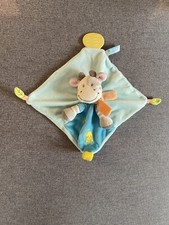 DOUDOU PLAT VACHE BÉBÉRÊVE CASINO POUSSIN BLEU ANNEAU DE DENTITION 21 CM