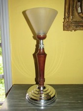 07F28 ANCIENNE LAMPE DE BUREAU ART DÉCO PIED CHROME RÉGLABLE ACAJOU STYLE MAZDA