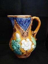 Ancien Pichet en Barbotine Onnaing Cruche Broc à Décor Floral H 21 cm