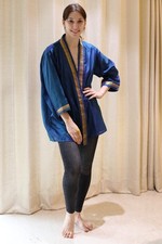 Veste Duster Kimono En Soie Pure Bleue Cape Longue Robe PS KMS3582