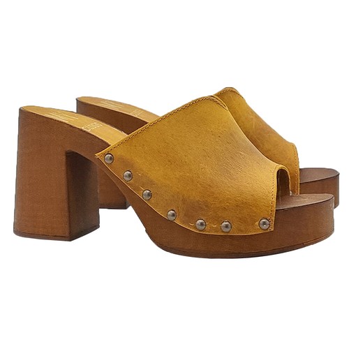Mules cuir ocre avec talon - cuir,