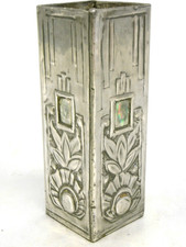 🇫🇷 VASE TUBE CARRE QUADRANGULAIRE ART DECO ÉTAIN INCRUSTATION NACRE VINTAGE