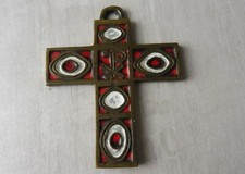 Ancienne croix / crucifix style médieval, en bronze émaillé, Dominique Piéchaud