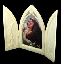 Vintage Déco Religieux St Anthony & Christ Enfant Lithographe Triptyque Voyage