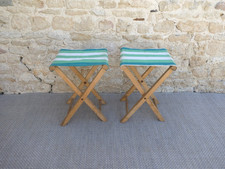 Paire de tabourets pliants en bois et toile rayée, années 50, vintage, camping