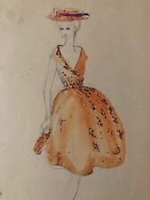 Beau Dessin Encre Gouache Art Deco 1945 Sur Papier Femme  Collection  Mode Art