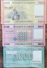 Lot 3 billets LIBAN de 1000 5000 & 10000 livres - 2016 / 2021 / 2014 - neuf UNC