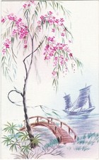 G1363 PEINTURE - ARBRE EN FLEURS EN BORD D'EAU - CARTE DOUBLE - MEILLEURS VOEUX