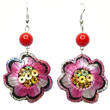 Boucles d'oreilles Femme légères fleur tissu brodé rose fushia blanc sequin doré