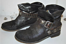Bottine BIKER Rock'n'Roll FELMINI Cuir NOIR Look ENDUIT Pailleté Argent BOOTS 39