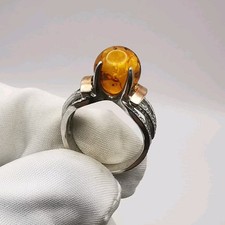 Bague Neuve Argent 925 Or 375 Ambre Miel Baltique Naturel Zirconium 5,4g/T53