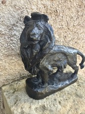 Lion en bronze patiné signé Henry Berchem / Statue / Très rare